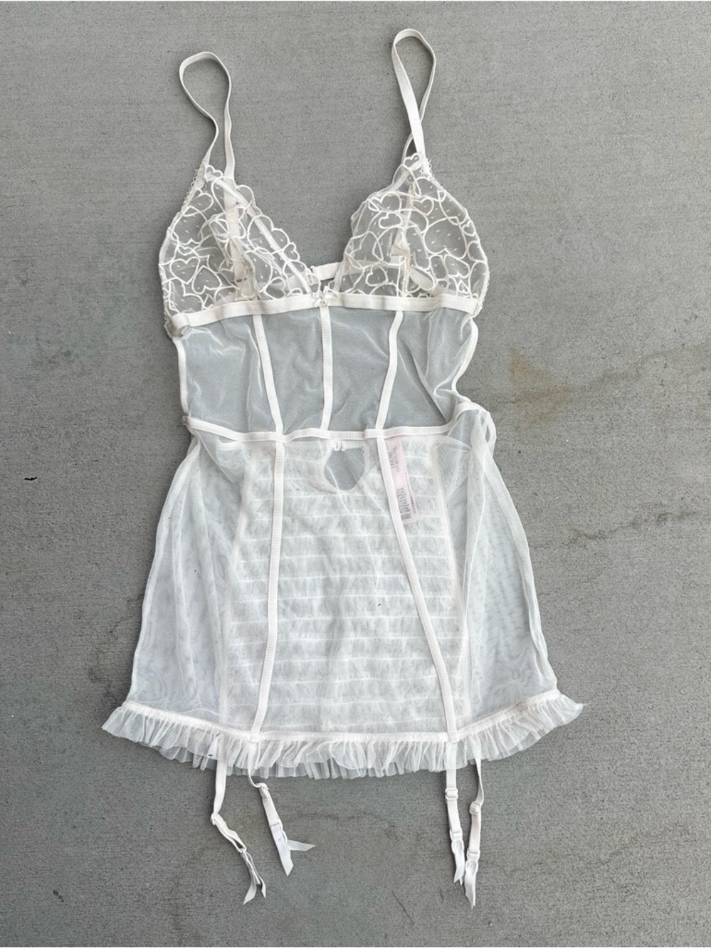 Victoria's Secret White Sheer Lace Babydoll Chemise with Garter Straps